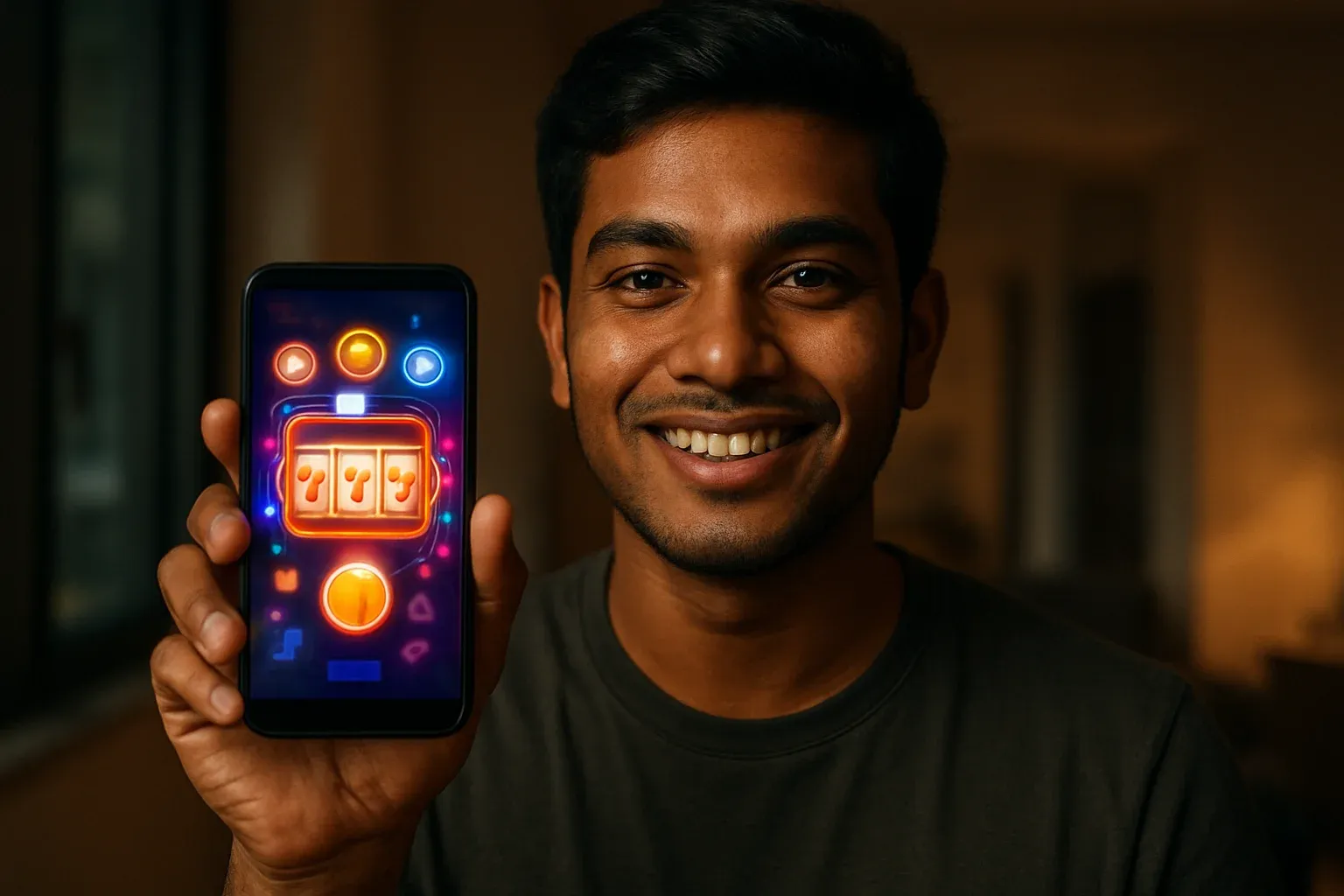Young Bangladeshi man holding smartphone showing colorful mobile casino app interface