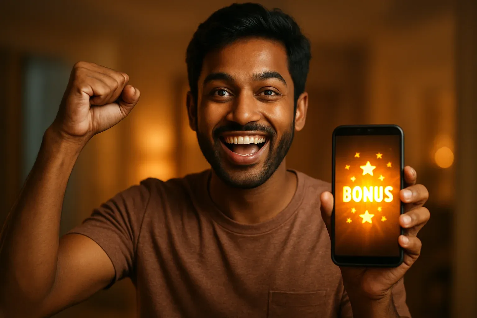 Joyful Bangladeshi man holding smartphone with glowing bonus notification screen