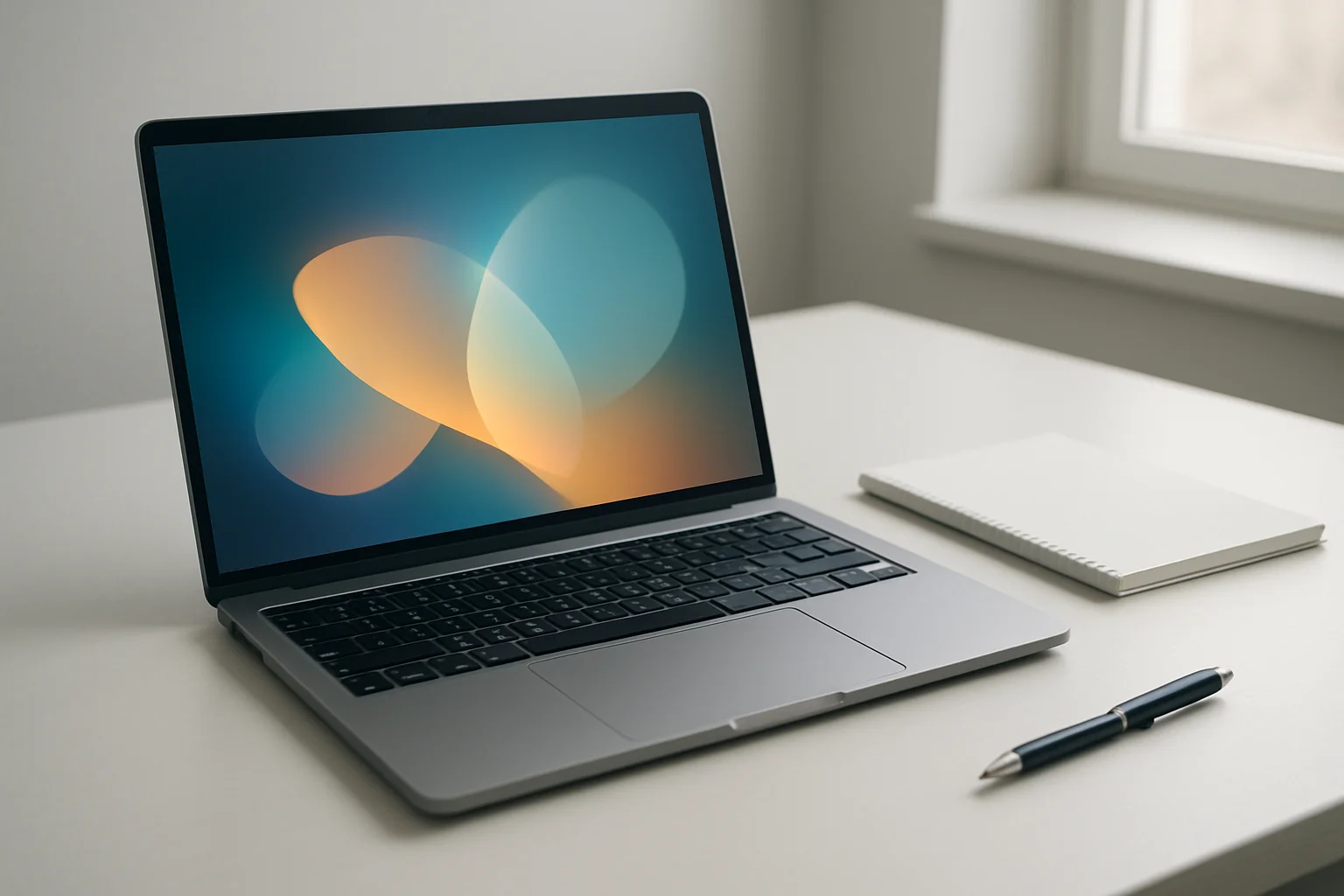 Modern laptop on white desk with abstract glowing screen