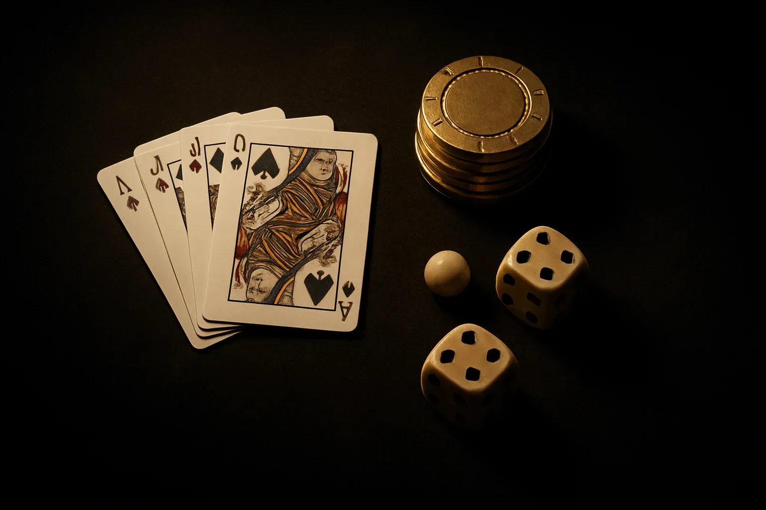 Top-down casino scene with chips, cards, dice, and roulette ball