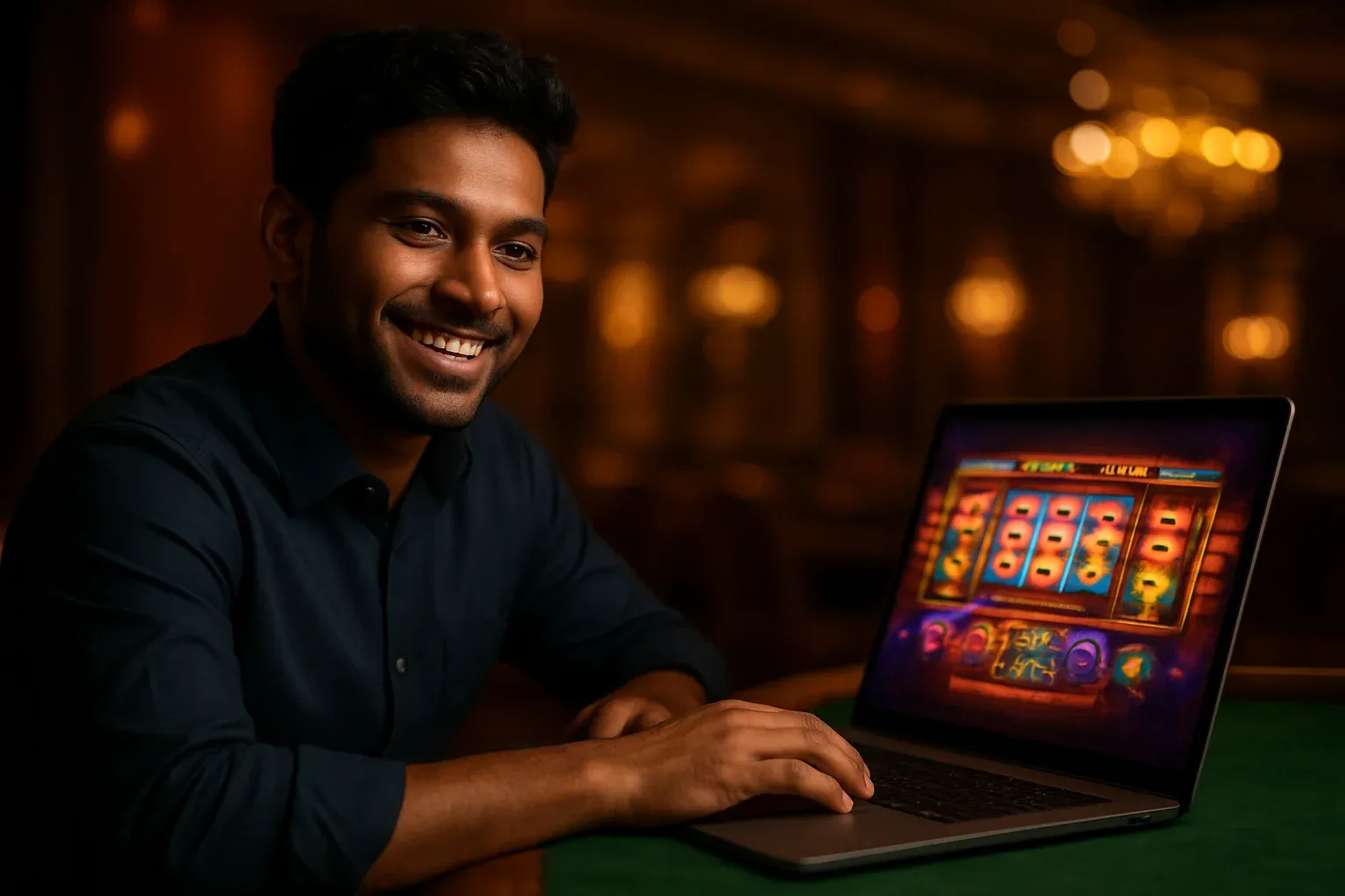 Cheerful Bangladeshi man with open laptop in premium casino lounge