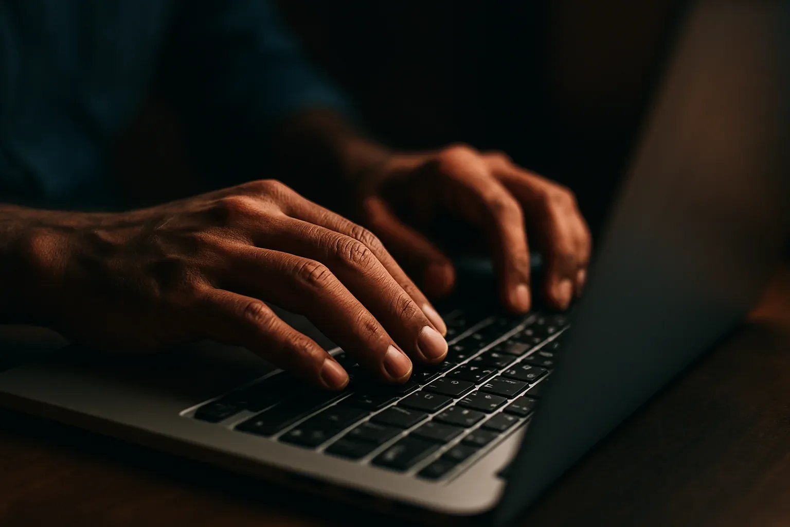 Bangladeshi man's hands typing on modern laptop keyboard in dramatic light
