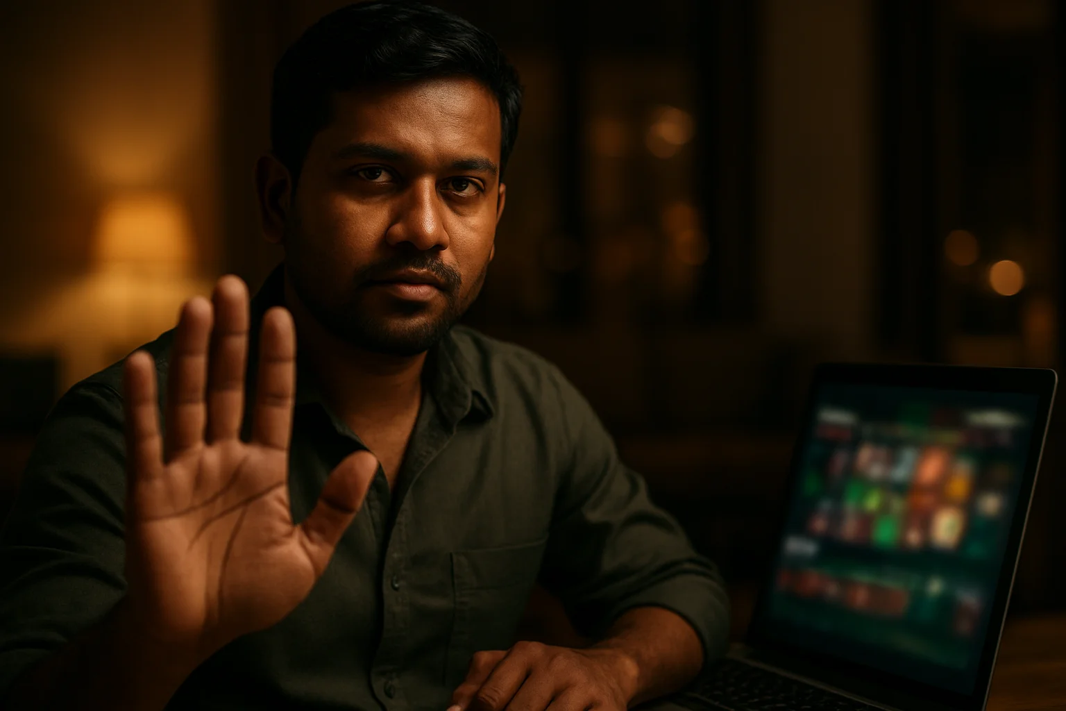 Bangladeshi man making stop gesture beside blurred online casino laptop