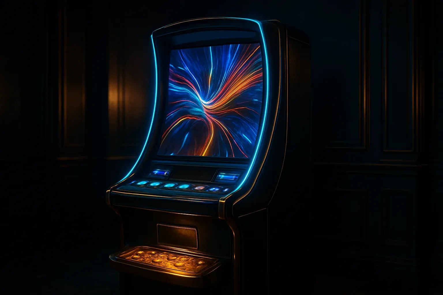 Hyperrealistic premium slot machine in dark luxury setting with neon lighting